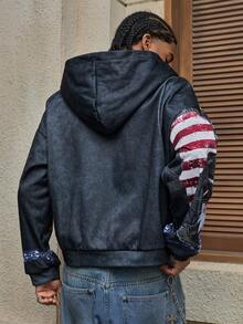 AXEPEAK Men's Fashionable American Style Graphic Print Hoodie Sweatshirt, Autumn - Black - View 2