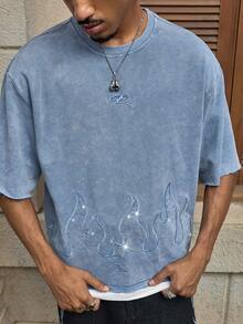 AXEPEAK Rhinestone Decor Flame Print Round Neck Short Sleeve Casual T-Shirt