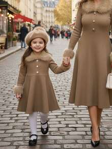 Elegant Mother-Daughter Matching Outfits, Khaki Ribbed Knit Turtleneck Long Sleeve Dress - Khaki - View 6