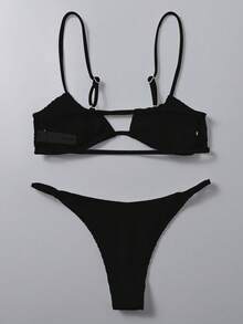 Bonvoyette 2026 Spring/Summer Women's Adjustable Spaghetti Strap Drawstring Bust Detachable Side Adjustable Thong Sexy Vacation White Split Bikini 2-Piece Swimsuit - Black - View 5