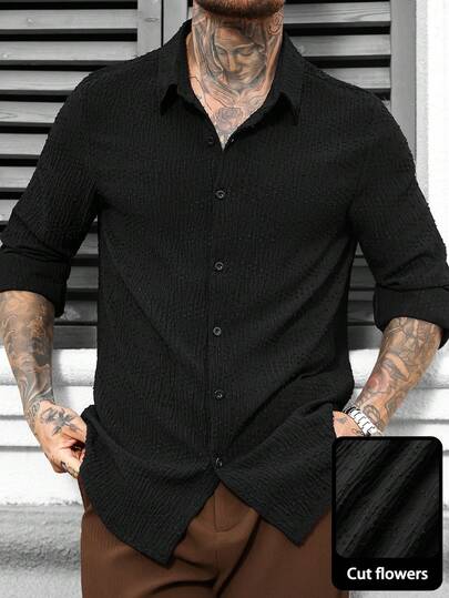 Manfinity Homme Áo sơ mi nam dài tay màu đen công sở thường ngày