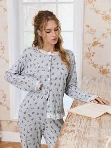 CottageSlumber Soft & Skin-Friendly Floral Lace Trim Long Sleeve Women Pajama Set, Winter Clothes - Grey - View 5