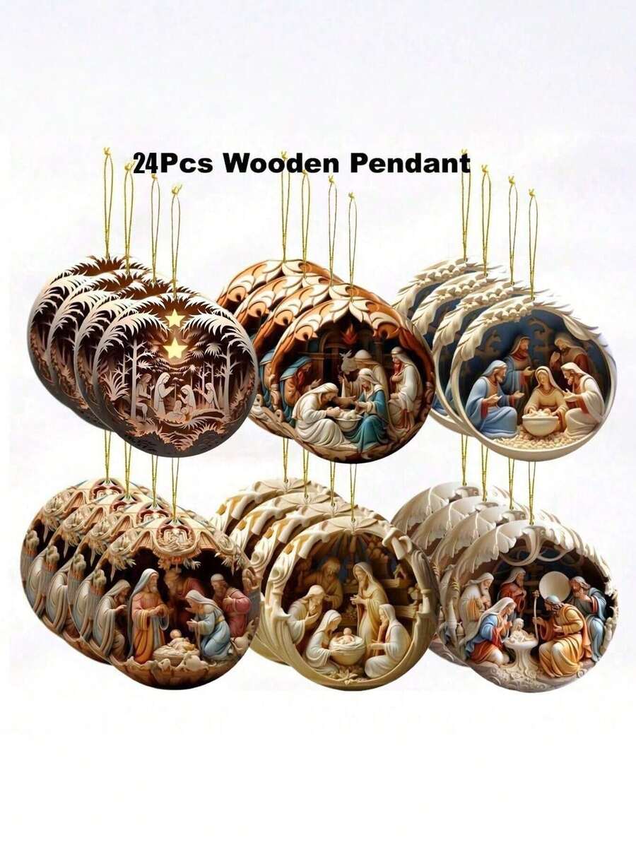 6/12/24pcs Nativity Scene Wooden Ornaments Set - 3D Effect Bible Story Pendants For Home & Holiday Decor, Perfect For Birthdays & Parties ,Christmas