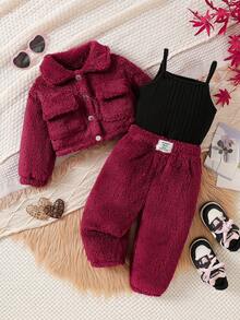 SHEIN Playful Pals 3 件套女婴秋冬套装：翻领工装夹克、纯色背心和长裤，适合户外日常穿着 女婴冬季套装 - 彩色 - 查看 1