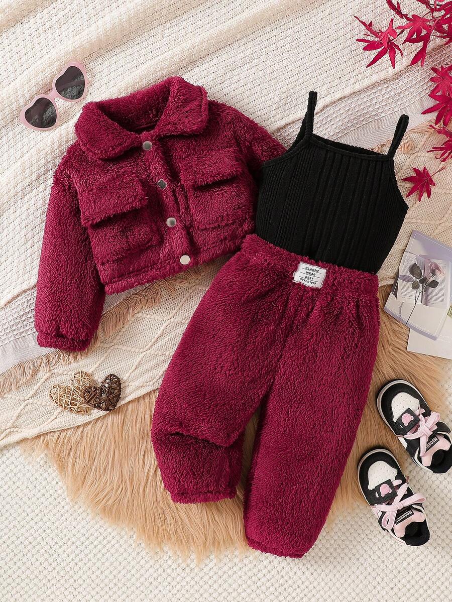 SHEIN Playful Pals 3 件套女婴秋冬套装：翻领工装夹克、纯色背心和长裤，适合户外日常穿着 女婴冬季套装 - 彩色 - 查看 1