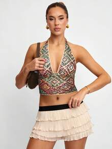 Avenya Top curto com decote em V, sexy e elegante, estilo halter, com bordado de contas - Multicolorido - Ver 1
