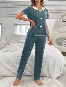 Bow Decorated Color-Blocks Women's Short Sleeve Top And Pants Pyjama Set - Blue - View 5