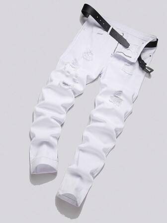 Manfinity Roughcore Jeans casuales blancos con bolsillo y efecto desgastado para hombre