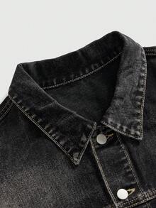 ROMWE MEN Street Life Men's Black Washed Denim Long Sleeve Jacket With Unique Butterfly Embroidery Craftsmanship - Black - View 3