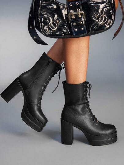 Cuccoo CUCCOO GRLICON Damen Plateau-Ankle-Boots mit quadratischer Zehenkappe, dicker Sohle, schwarzem PU-Leder, minimalistischem, komfortablem Design für den täglichen Gebrauch und Partys, mit Reißverschluss und Schnürung an der Seite, geeignet für Weihnachtspartys, Y2K-Stil