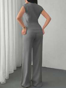 EURMUSE Two Pieces Sleeveless Knit Set Featuring Minimalist Crew Neck Top And High-Waisted Ribbed Pants In Soft Ivory - Light Grey - View 2