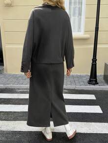 DAZY Women's Autumn/Winter Zip-Up Cardigan With Collar And Straight Long Skirt 2 Pieces Casual Set - Dark Grey - View 3