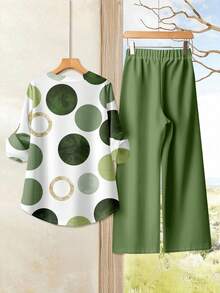 Rusticease 女士休闲简约绿色清新几何圆形印花图案宽松上衣衬衫 V 领喇叭袖直筒裤 2 件套 - 彩色 - 查看 2