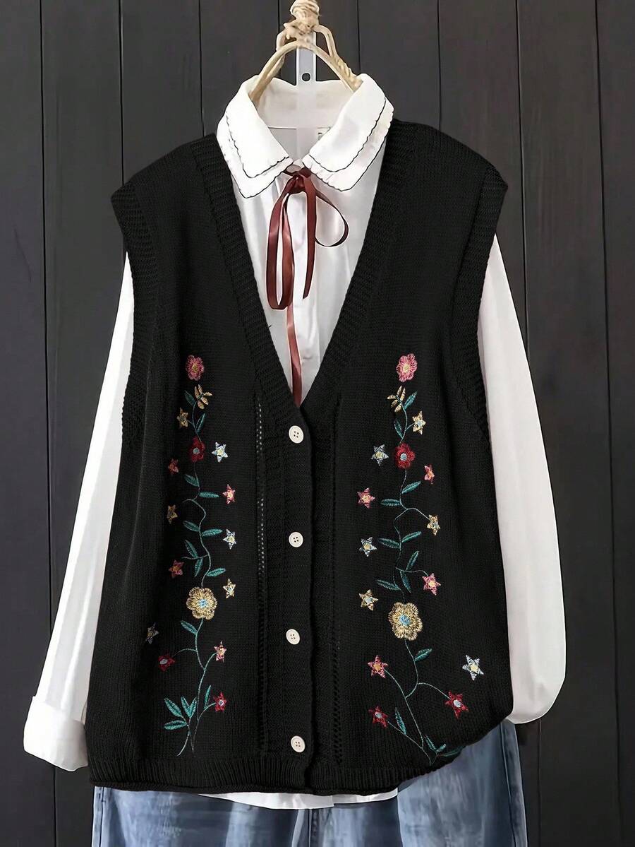 Áo khoác cardigan không tay thêu hoa cỡ lớn, thường ngày mùa thu - màu đen - Xem 1