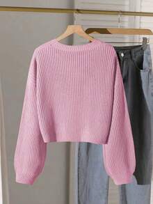 Solid Color Casual Loose Pullover Sweater For Women, Round Neck, Autumn/Winter New, Versatile Knitted Top, Short Style Teen Girl Jumpers Pink Cropped Sweater Cropped Sweater Cropped Knit Sweater Sweater For Teens Tween Girl Clothes Sweaters Summer Clothes For Teens Sweater Soft Girl Clothes Tops Cute Cute Core Clothes Solid Color Top Pink Sweater - Pink - View 2