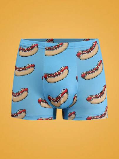 热狗印花、快餐印花、全身印花、薄荷蓝、街头风格、趣味、平角内裤、青少年、内衣