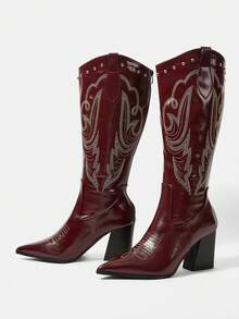 Styleloop 时尚秋冬高跟过膝靴，性感派对长靴，女士 - 酒紅色 - 查看 3