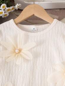 Sparklyn 2pcs Girls (Small) Apricot Chiffon Round Neck Long Sleeve Top T-Shirt & Pearl Button Floral Elegant Pants Set, Autumn - Apricot - View 5