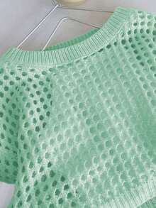 Tween Girls' Solid Color Crew Neck Long Sleeve Loose Hollow Out Sweater - Mint Green - View 4