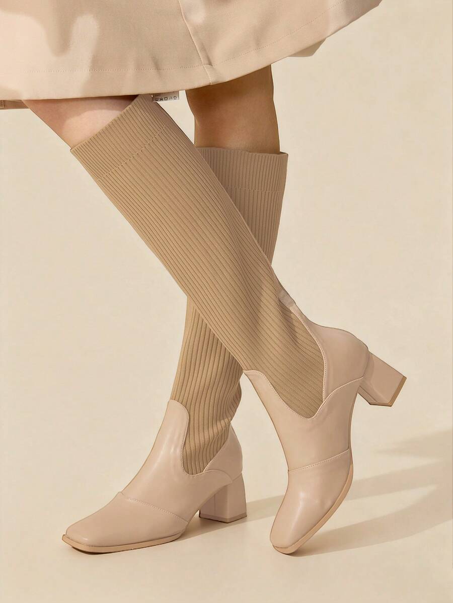 CUCCOO BASICS Cuccoo Women's Fashionable High Heel Knee-High Boots For Daily Wear - Apricot - View 1