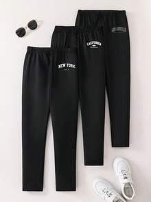 3pcs Letter Print Casual Minimalist Leggings For Teenage Girls, Fashionable Versatile Black Leggings Set - Multicolor - View 1
