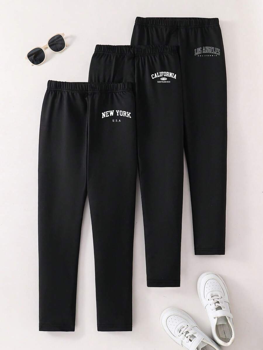3pcs Letter Print Casual Minimalist Leggings For Teenage Girls, Fashionable Versatile Black Leggings Set - Multicolor - View 1
