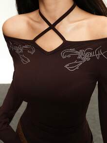 INAWLY Camiseta de manga larga ajustada con cuello vuelto y fruncido con decoración de diamantes de imitación para mujer - Café integral - Ver 5