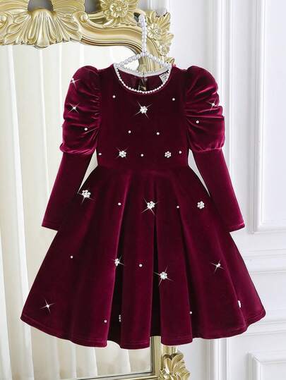 Glamorique Kids Young Girls Burgundy Velvet Round Neck Puff Sleeve A-Line Pearl Embellished Dress, Pearl Round Neck Teardrop Button, Retro Palace Style, Luxurious, Suitable For New Year, Christmas, Party, Spring/Autumn/Winter