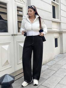Rivivi Plus Size Women Elastic Coated Pants, White Stripe Contrast Decor Design, Casual Loose Banana Fit PU Coated Black Elastic Trousers - Black - View 3