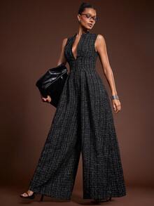 Hauture Extreme Wide Leg Zip Front Sleeveless Jumpsuit - Black and White - View 3