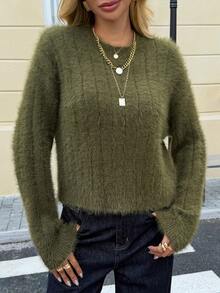 Livesso Loose Casual Business Style Fuzzy Short Knit Sweater, Green, Suitable For Autumn, Winter, New Year, Christmas
