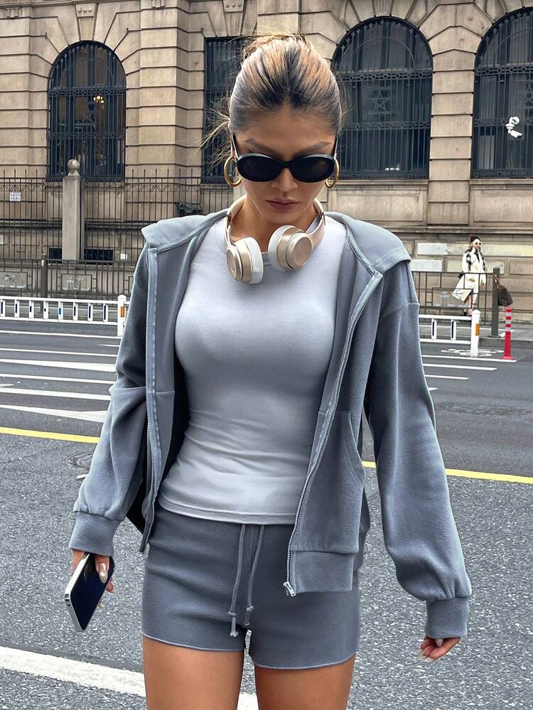 3pcs/Set Sporty Fleece Hooded Jacket, Solid Color Slim Fit Long Sleeve Base Layer Top, Thin Shorts, Women Loungewear Set, Fluffy Winter Clothes