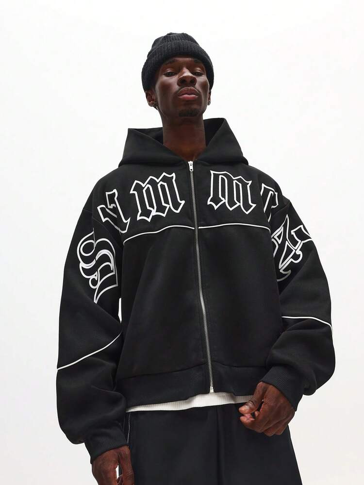 고딕 레터 프린트 풀 지퍼 후드 티셔츠