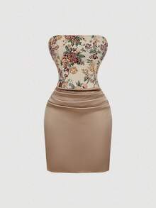SHEIN MOD 女士优雅派对提花拼布抹胸迷你连衣裙 - 彩色 - 查看 2