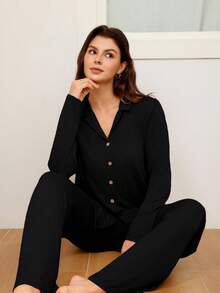 SHEIN Doze Lane Lazeform ButtonTop & Pants Soft & Skin-Friendly Unisex Fashionable Loungewear Pajama Set, Fall & Winter Clothes - Black - View 1