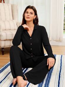 SHEIN Doze Lane Lazeform ButtonTop & Pants Soft & Skin-Friendly Unisex Fashionable Loungewear Pajama Set, Fall & Winter Clothes - Black - View 6