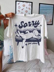 INAWLY 加大码猫咪印花圆领短袖T恤女款图案T恤上衣 - 白色 - 查看 1