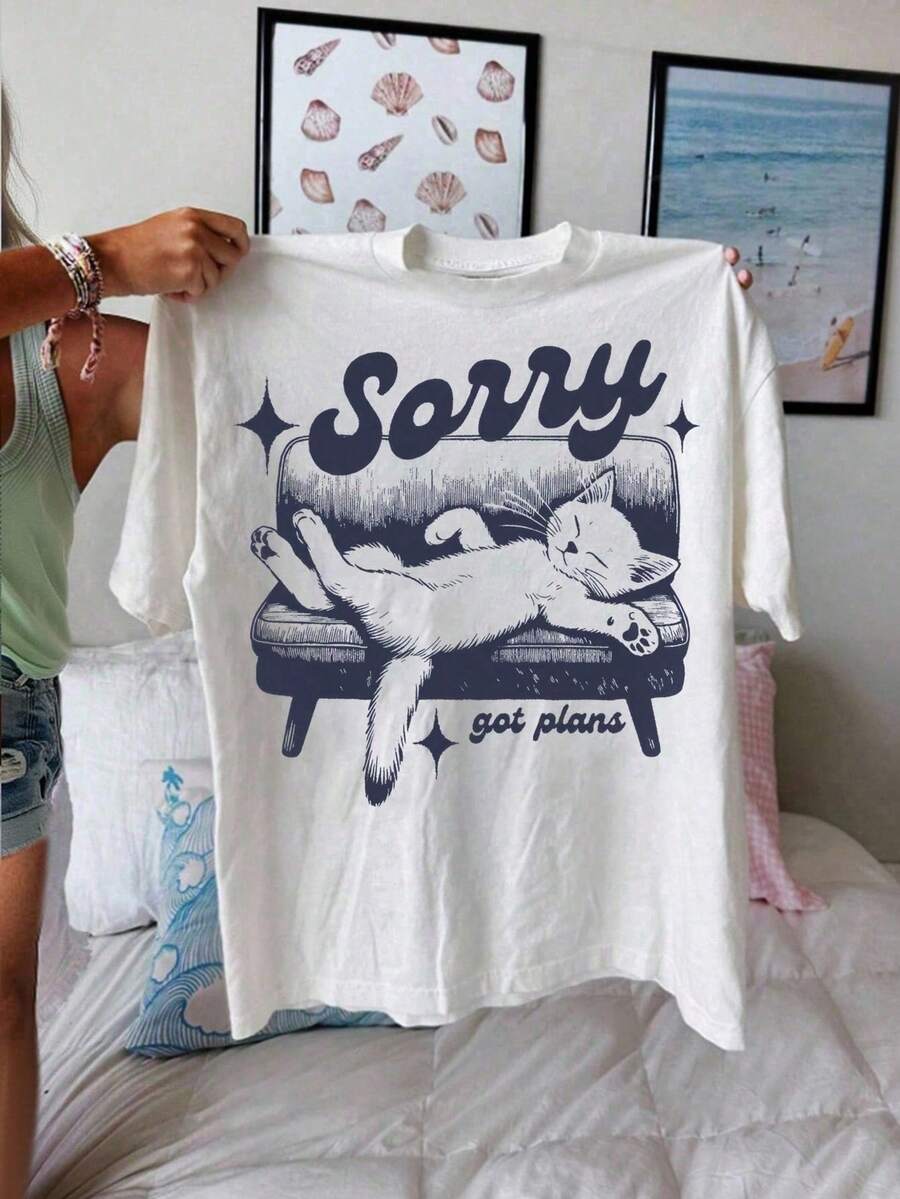 INAWLY 加大码猫咪印花圆领短袖T恤女款图案T恤上衣 - 白色 - 查看 1