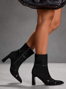 CUCCOO SZL Women's Fashionable Elegant Black Suede Chunky Heel Strap Ankle Boots, Versatile Street Style - Black - View 8