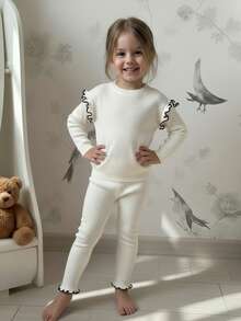 SHEIN Conjunto de suéter de manga larga y pantalones de ajuste holgado para niñas, suéter de punto con dobladillo con volantes y pantalones, cómodo para uso casual, adecuado para otoño/invierno - Albaricoque - Ver 3