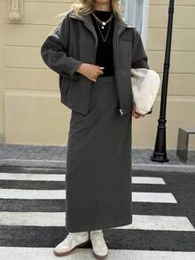 DAZY Women's Autumn/Winter Zip-Up Cardigan With Collar And Straight Long Skirt 2 Pieces Casual Set - Dark Grey - View 4