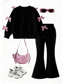 SHEIN 2件套年轻女孩简约时尚黑色蝴蝶结装饰上衣和黑色裤子运动服套装 - 黑色 - 查看 2