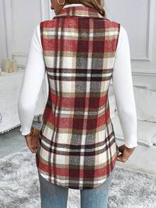 SHEIN PETITE Women's Thin Red & White Plaid Single-Breasted Casual Thin Vest Jacket - Multicolor - View 2