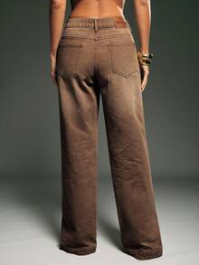 Denimoi Straight Leg Ankle Slit Button Detail Denim Jeans - Brown - View 6