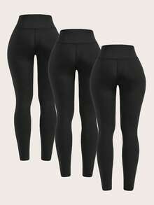 SHEIN Tween-Mädchen 3-teiliges schwarzes Leggings-Set, bequeme, lässige lange Hosen für den Alltag, Sport, Outdoor, einfarbig - Schwarz - Übersicht 2