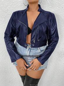 SHEIN ICON Plus Size Women's Motorcycle Zip-Up Short Leather Jacket - Navy Blue - View 5