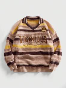 ROMWE MEN Pulover bărbătesc tricotat, cu guler preppy, brodat jacquard, stil vintage streetwear, iarnă