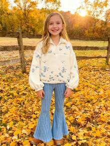 2pcs Girls Casual Autumn/Winter Set, Half-Zip High Neck Sherpa Embroidered Sweatshirt + Elastic Waist Knit Flare Pants - White - View 2