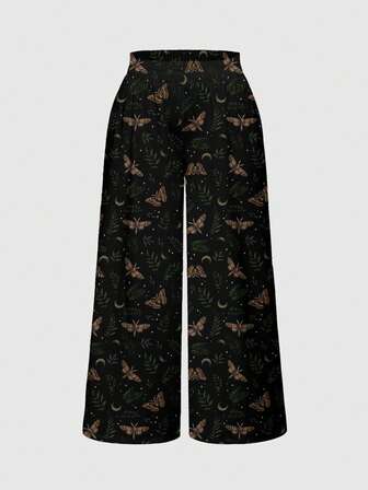 Goth Pantalones de pierna ancha con ajuste holgado y estampado todo sobre todo, de tallas grandes, con estilo gótico y bohemio de mariposas, polillas y estrellas
