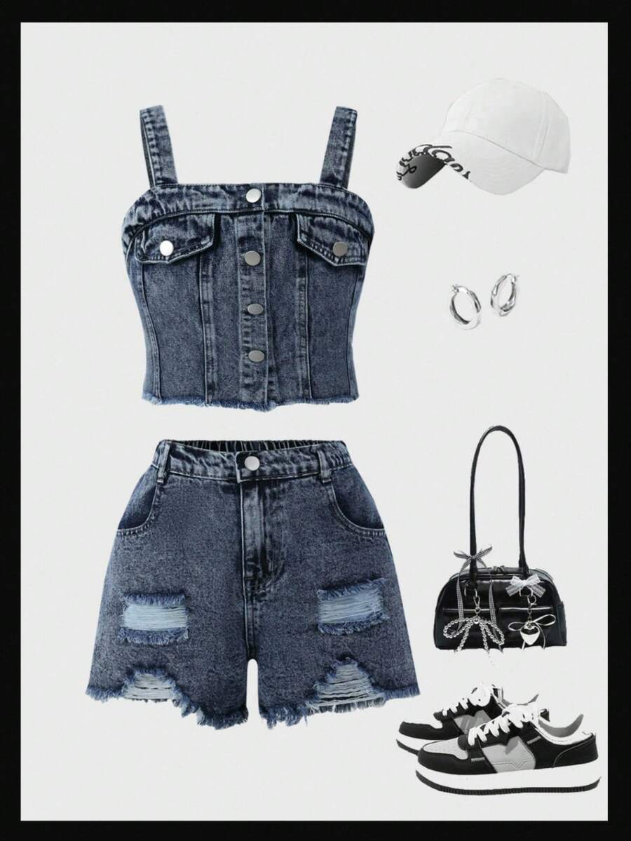 SHEIN Tween Girls Fashion Fitted Slim Stylish Distressed Light Wash Blue Denim Camisole Top Paired With Fitted Slim Distressed Light Wash Blue Denim Shorts, Casual Daily Versatile Girls Denim Set Fall Winter - Dark Wash - View 1